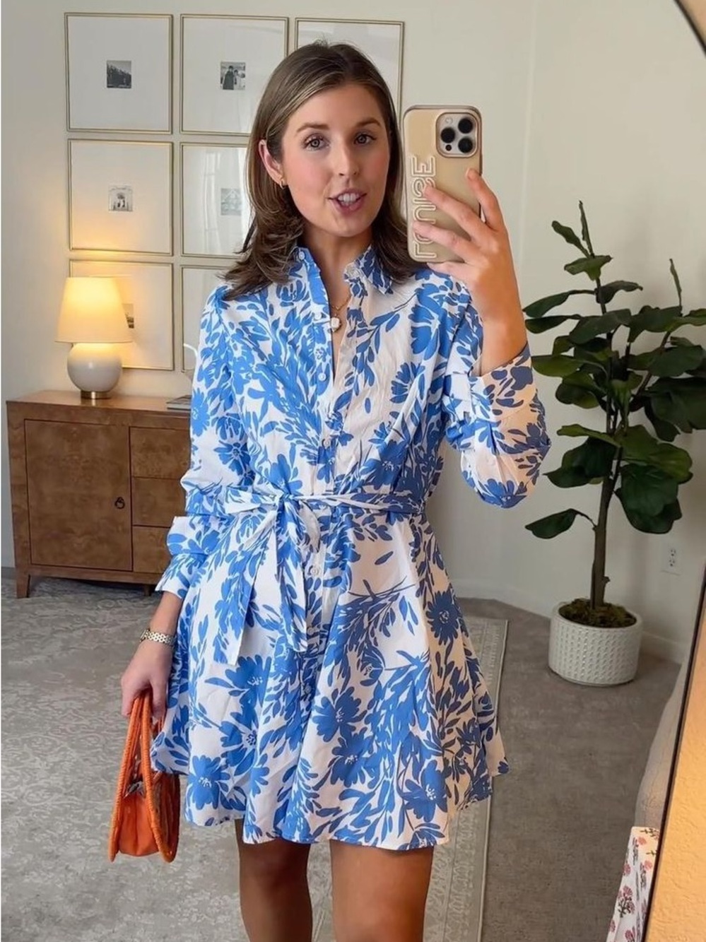 A New Day Blue Floral Long Sleeve Shirt Dress with Tie Waist- Medium